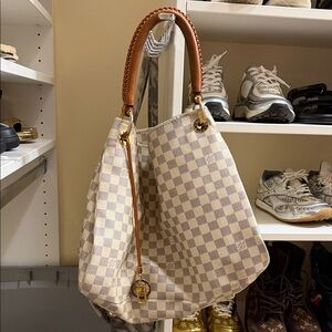 Louis Vuitton Cream Checkered Hobo with Brown Leather Handle